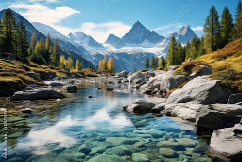 A tranquil lakeside with mirrored reflections of surrounding mountains, showcasing the serene beauty of alpine landscapes. Concept of reflective lakes. Generative Ai.