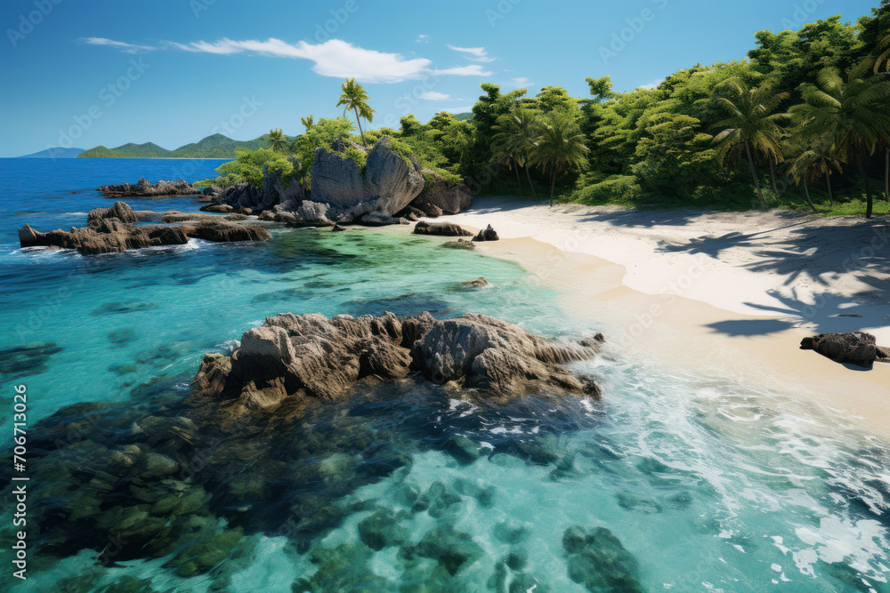 A pristine and untouched island with white sandy beaches and crystal-clear waters, capturing the allure of tropical paradises. Concept of untouched islands. Generative Ai.