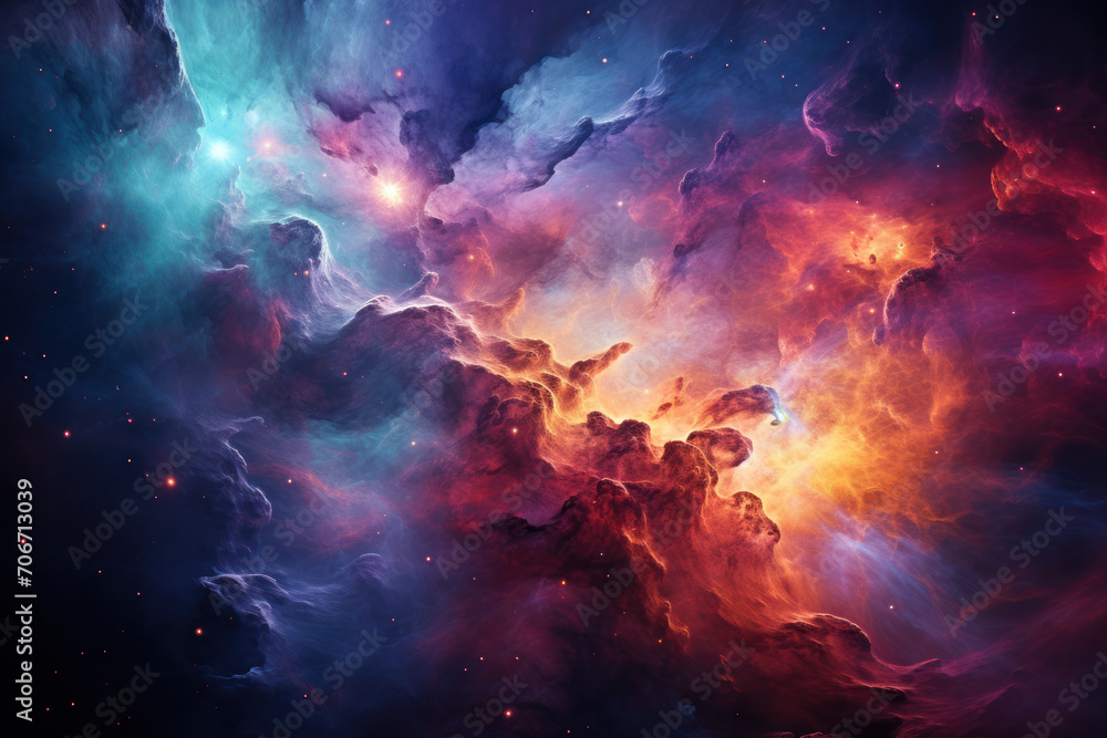 A cosmic nebula with swirling gases and vibrant colors, illustrating the mesmerizing beauty of celestial formations in deep space. Concept of cosmic wonders. Generative Ai.