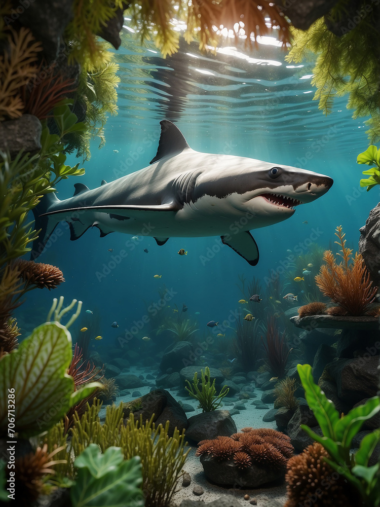 Fototapeta premium a shark swimming in its natural habitat, against a background of various vegetation