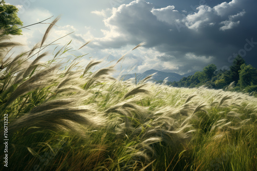 A gust of wind swiftly bending tall grass in a field, symbolizing the unseen force and speed of natural elements. Concept of dynamic weather. Generative Ai.