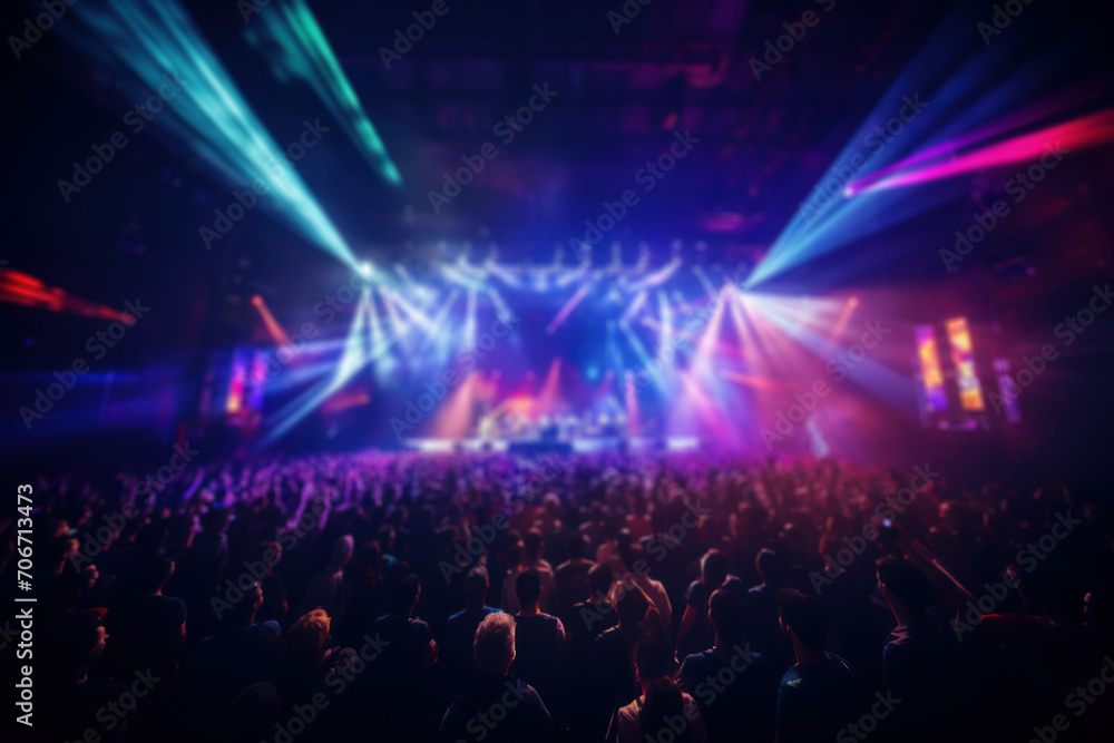A concert venue illuminated by colorful stage lights, showcasing the electrifying atmosphere of live music performances. Concept of musical energy. Generative Ai.