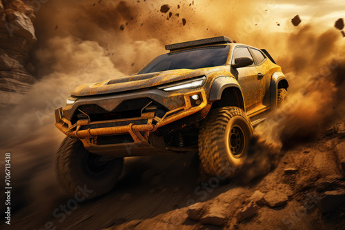 A rally car speeding through a dirt track, showcasing the adrenaline-fueled velocity of motorsports. Concept of off-road racing. Generative Ai. © Sebastian