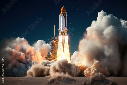 A rocket launching into space with tremendous speed, symbolizing the propulsion and velocity of space exploration. Concept of cosmic travel. Generative Ai. photo