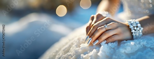 The bride's hands are delicately poised on her lap, adorned with fine jewelry and the intricate lace of her wedding gown. Elegance of the moment, reflecting the joy and solemnity of the wedding day. photo