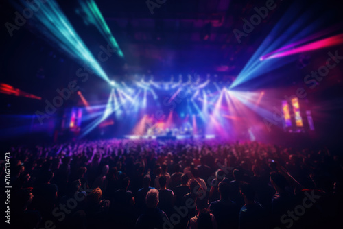 A concert venue illuminated by colorful stage lights, showcasing the electrifying atmosphere of live music performances. Concept of musical energy. Generative Ai.