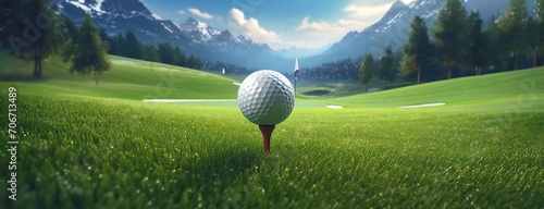 Golf ball on tee with mountain backdrop. The background reveals a beautifully manicured golf course with a challenging layout, nestled among rolling green hills under a serene sky.