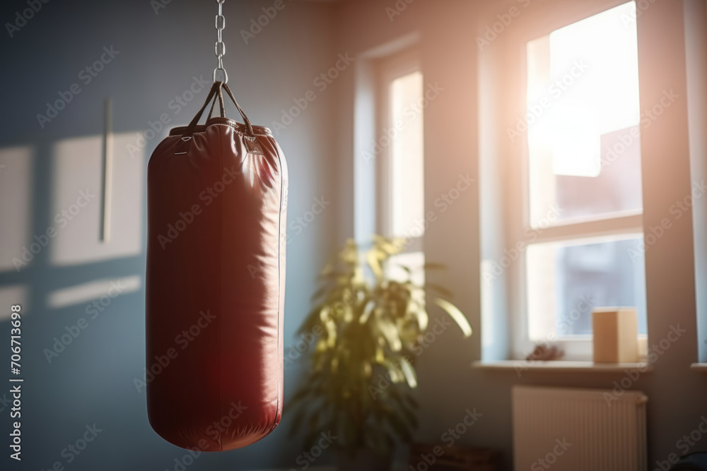 Red punching bag hanging in room. Sport, active lifestyle and healthy concepts. Kickboxing, Muay Thai, Taekwondo, sport fitness activities equipment - obrazy, fototapety, plakaty 
