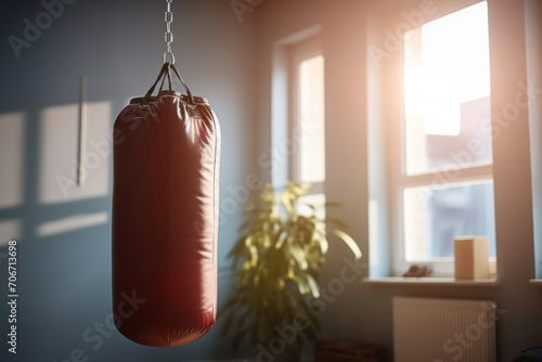 Red punching bag hanging in room. Sport, active lifestyle and healthy concepts. Kickboxing, Muay Thai, Taekwondo, sport fitness activities equipment photo