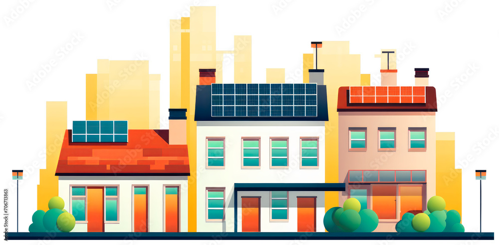 Ecological urban houses with facades in vibrant colors and solar panels on their roofs.