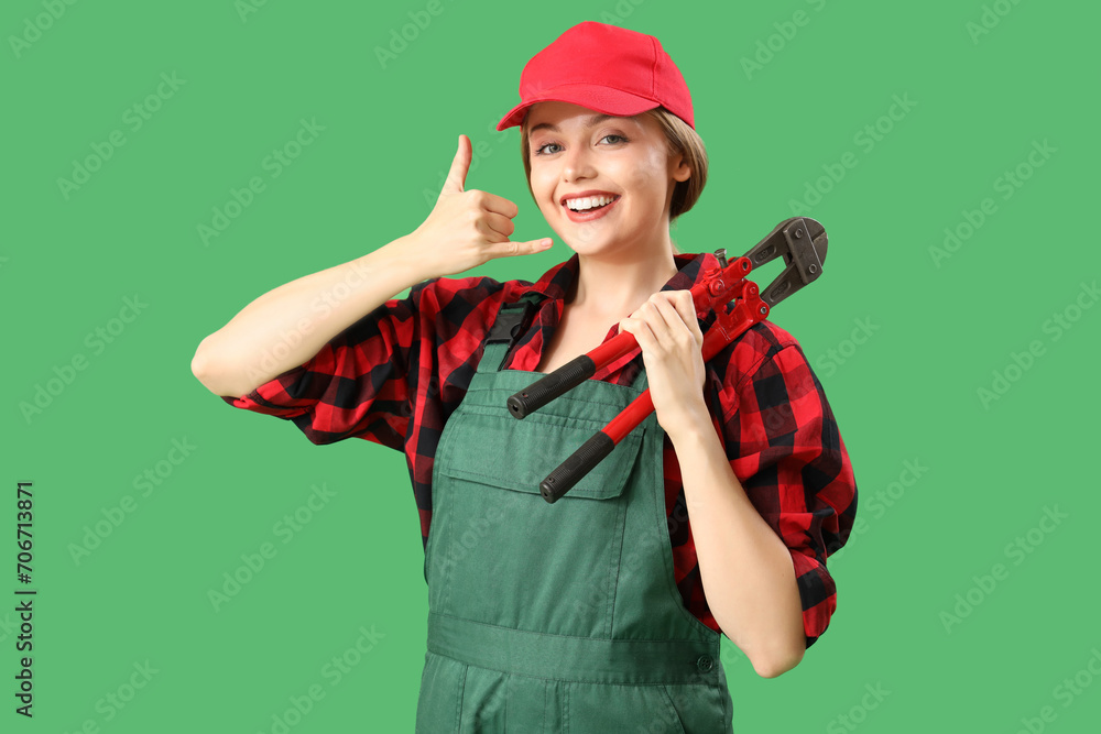 Female worker with tool showing Female worker with tool showing