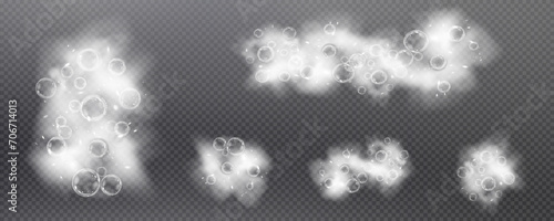 This vector template shows a bath foam with shampoo bubbles isolated on a transparent background. It can be used for advertising purposes. Mousse bath foam.