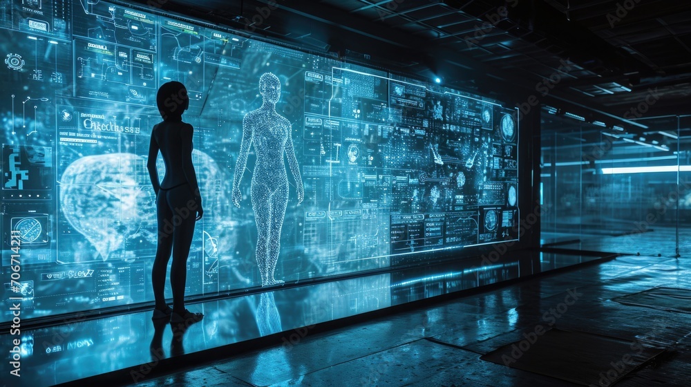 A person standing next to their digital twin, displayed on a large, transparent futuristic screen, with health stats and treatment recommendations visible around the digital figure A person standing next to their digital twin, displayed on a large, transparent futuristic screen, with health stats and treatment recommendations visible around the digital figure