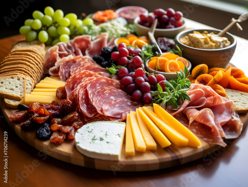 Charcuterie board and cheese platter with assorted cheese, sliced cured meat, grape, crackers, nuts and other snacks. Appetizers platter on a kitchen table in front of a window photo