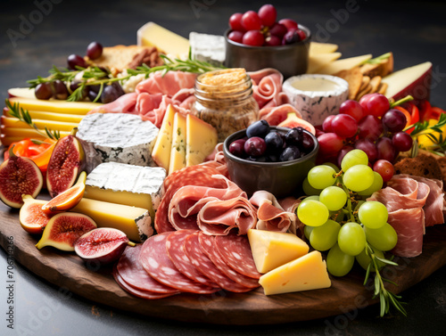 Appetizers board close up. Charcuterie board with assorted cheese, meat, sausages, grape, fruits, nuts and crackers or bread sticks. Charcuterie and cheese platter. Snack platter on dark background