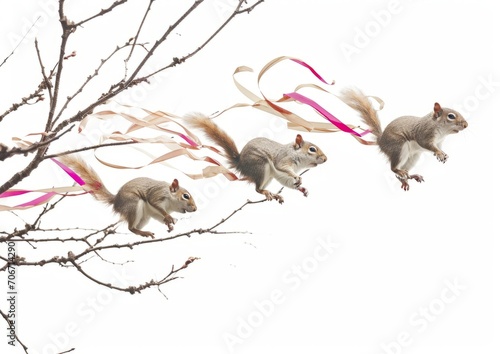 Group of Squirrels Hanging From Tree Branch © LUPACO IMAGES