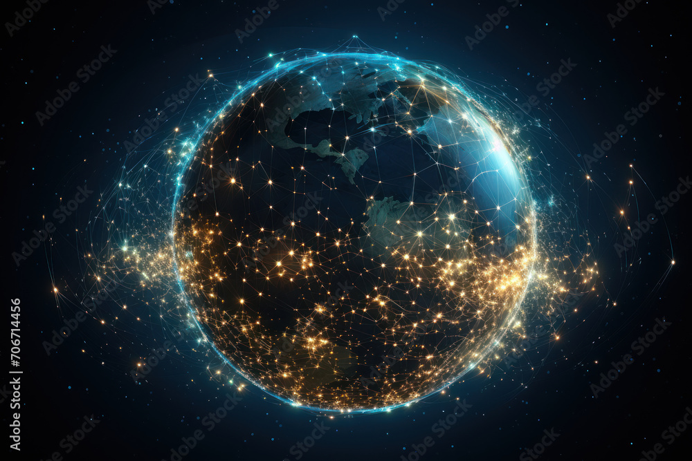 Fototapeta premium A constellation of digital stars forming the shape of a globe, portraying the global reach and impact of the internet. Concept of digital globalization. Generative Ai.
