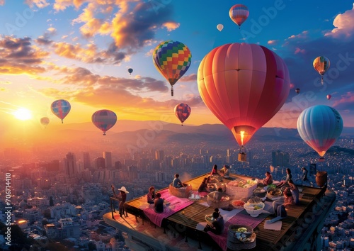 Spectacular Sight, Group of Hot Air Balloons Soaring Over Vibrant City Landscape