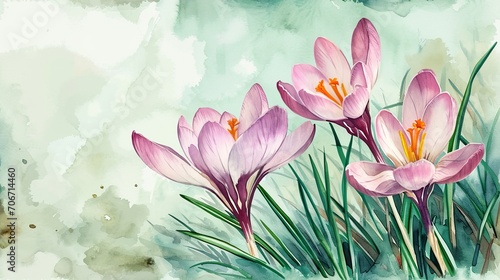 Pink Crocus  early bloomer  artistic watercolor illustration for easter greeting cards  spring flower background banner