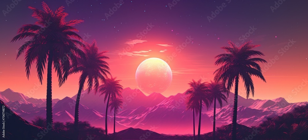 Synthwave landscape at dusk, mountains in the background, palm trees silhouetted against the retro sun. Banner.