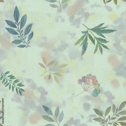Bright colorful leaves drawn in watercolor on an abstract background, seamless botanical pattern