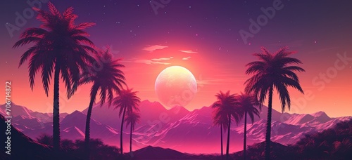 Synthwave landscape at dusk  mountains in the background  palm trees silhouetted against the retro sun. Banner.