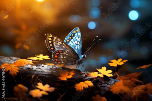 Brown butterfly in the forest among yellow leaves, beautiful nature background.