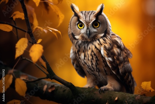 Brown Owl Stands on Branch Amid Forest, Surrounded by Yellow Leaves in a Natural Autumn Setting © panumas
