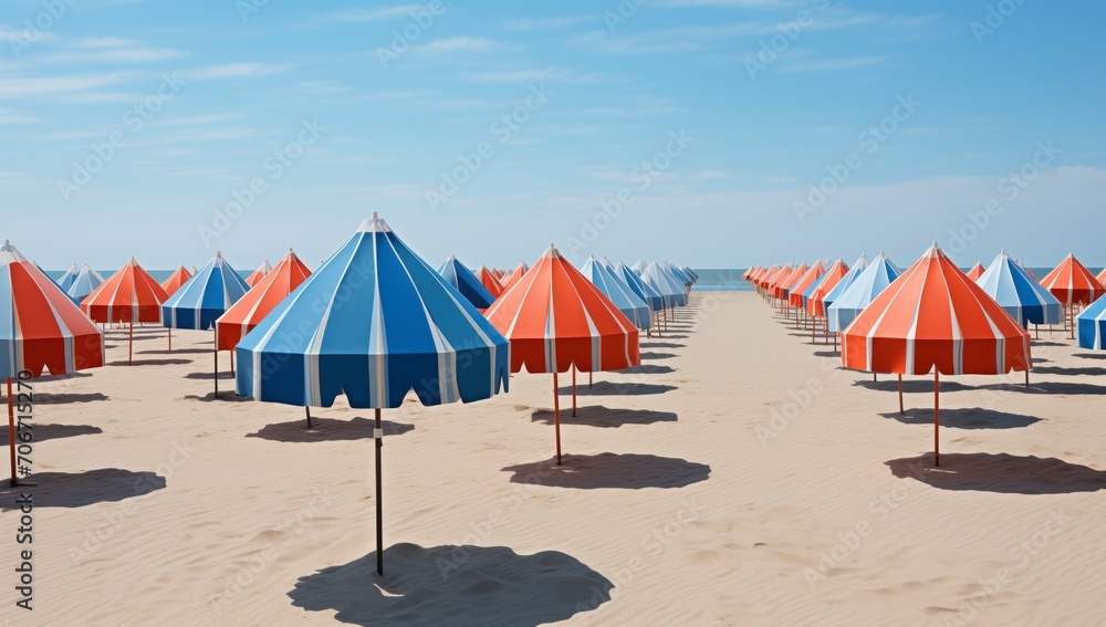 Blue and Red Umbrellas, Sandy Beach, Modular Sculpture, Orderly Arrangements, Coastal Design with Geometric Patterns