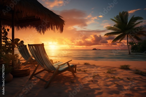 Beach Chairs, Umbrellas, Sunset Scene, Tropical Tourist Attraction, Coastal Relaxation with Spectacular View © panumas