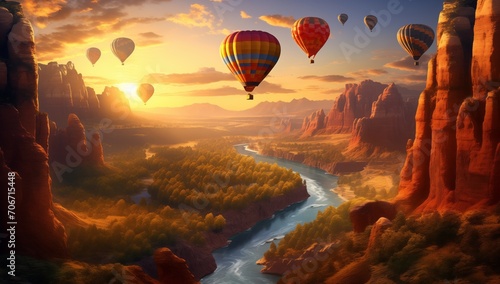 Colorful Hot Air Balloons Soar at Sunrise Over Red Rock Mountain, a Spectacular Aerial Display of Nature's Palette