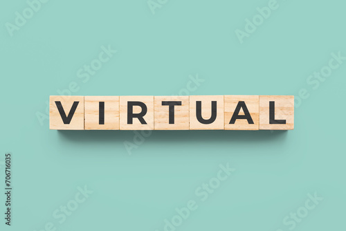 virtual wooden cubes on blue green background photo
