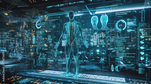 futuristic screen, with health stats and treatment recommendations visible around the digital figure.