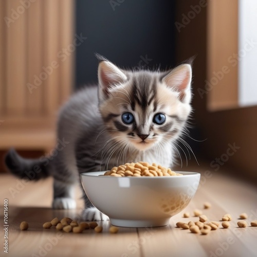 photo of a funny little fluffy kitten eating dry food from a bowl
