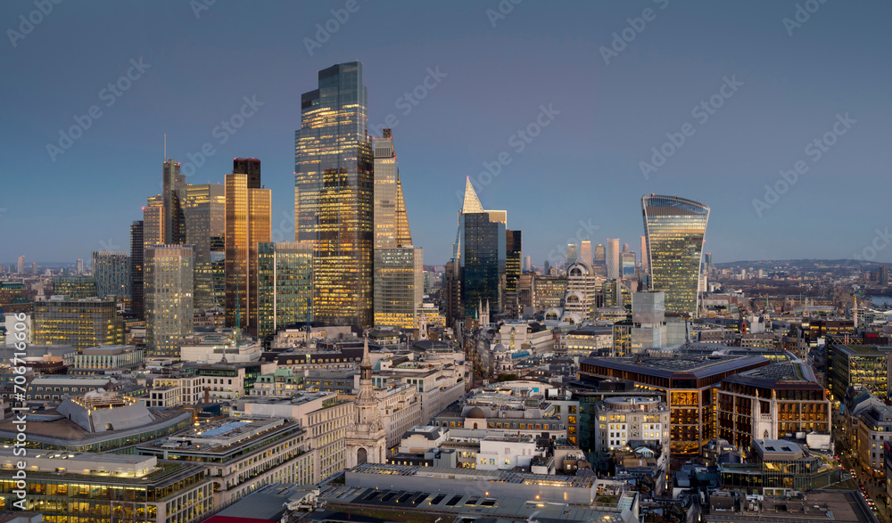 UK, England, London, City skyline 2024 from St Pauls dusk