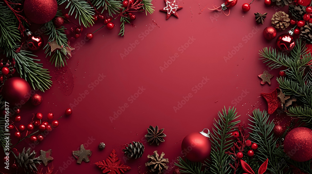 Christmas background, elegant christmas card or banner with baubles, pine and ornaments on red background, blank space for text Christmas background, elegant christmas card or banner with baubles, pine and ornaments on red background, blank space for text