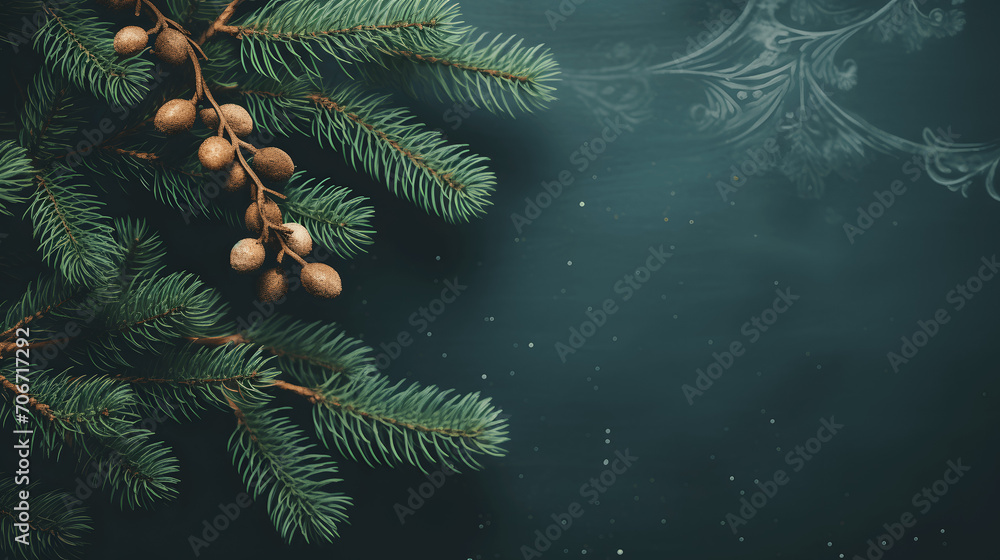 Christmas background, card or banner with pine branches on green background, blank space for text