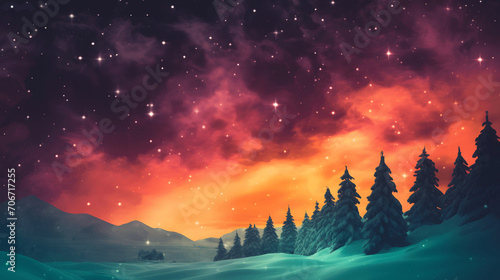 Illustrated winter background, card or banner with snowy greenish forest and red and purple star sky at night