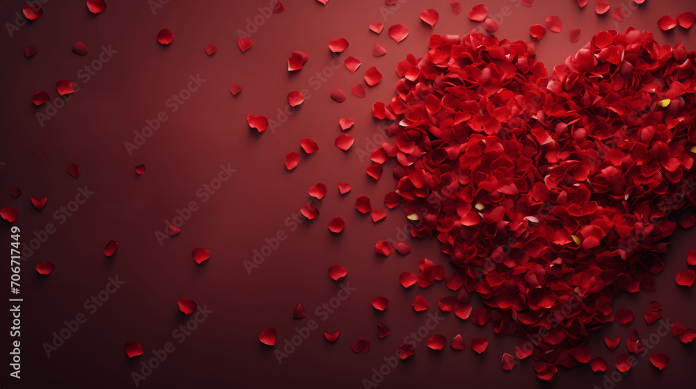 Valentines day background, card or banner with red heart shaped pile of rose petals over red background, representing love Valentines day background, card or banner with red heart shaped pile of rose petals over red background, representing love