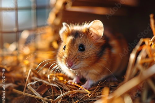closeup of cute fluffy pet hamster, domestic rodent in a cage with dry grass, blurred background
