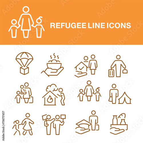 refugee line vector icon set 