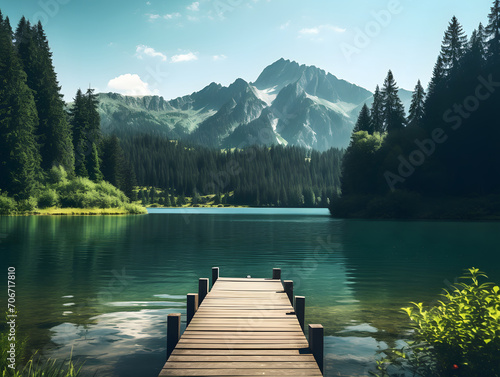 Serene dock on a peaceful loch, surrounded by majestic mountains and lush trees, with the vibrant sky reflecting on the tranquil water photo
