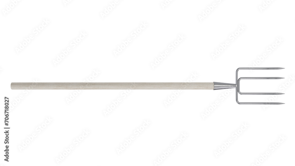 Pitchfork with wooden handle isolated on transparent and white background. Farm concept. 3D render