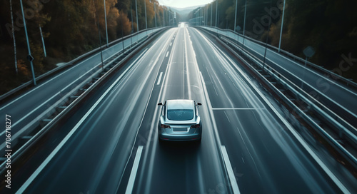 Electric car zooms at high speed on a bustling highway © Emiliia