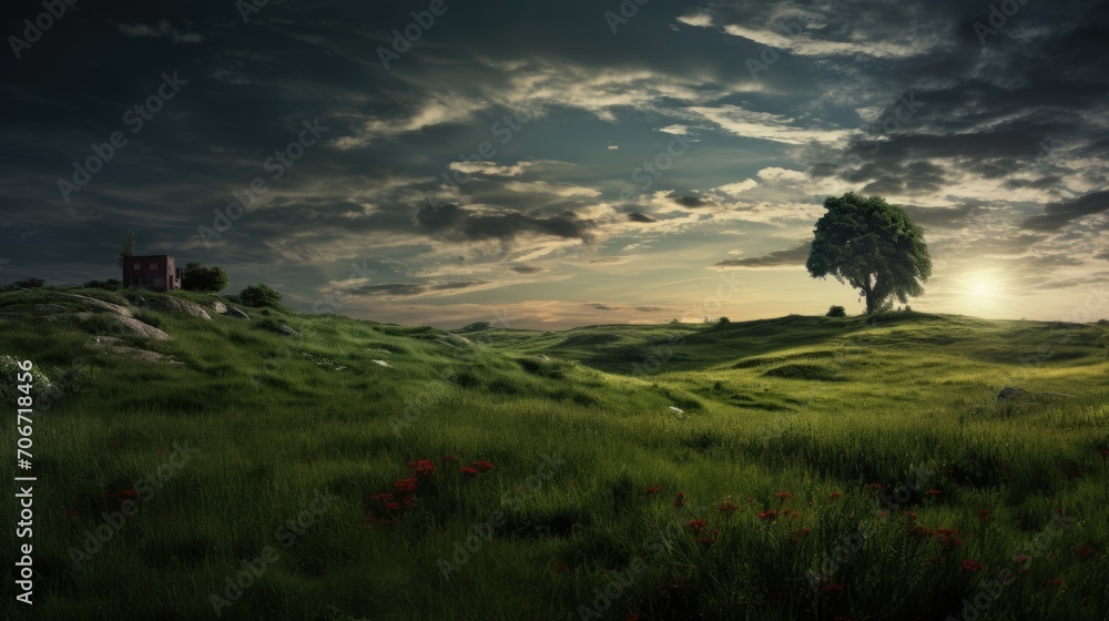 A lone tree and distant house stand in serene, rolling green fields under a dramatic sunset sky.