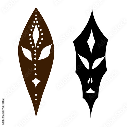 African ethnic tribal ritual masks, black and brown with faces of gods, vector drawing isolated on white background.