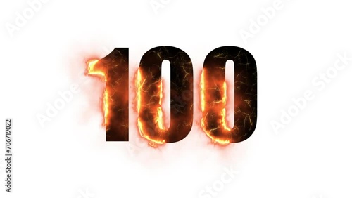 Number 100 is on fire with alpha channel, numbers are on fire, number one hundred, isolate photo