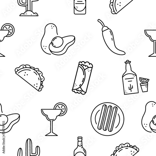 Seamless pattern with Mexico icons. Avocado, chili pepper, bottled beer, tequila, burrito, churros, taco, margarita glass, cactus.