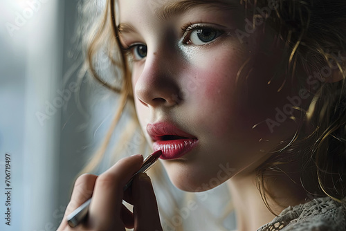 retrato de una preciosa niña adolescente  pintándose los labios y maquillándose, sobre fondo desenfocado photo