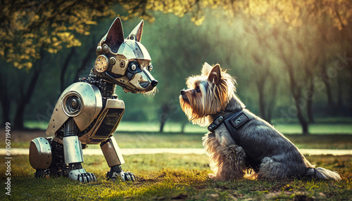 Rencontre insolite entre un robot chien et un vrai chien © David Bleja